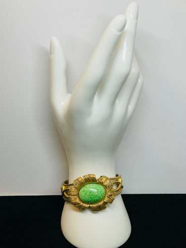 Gold and Green Flower Clamper Bracelet